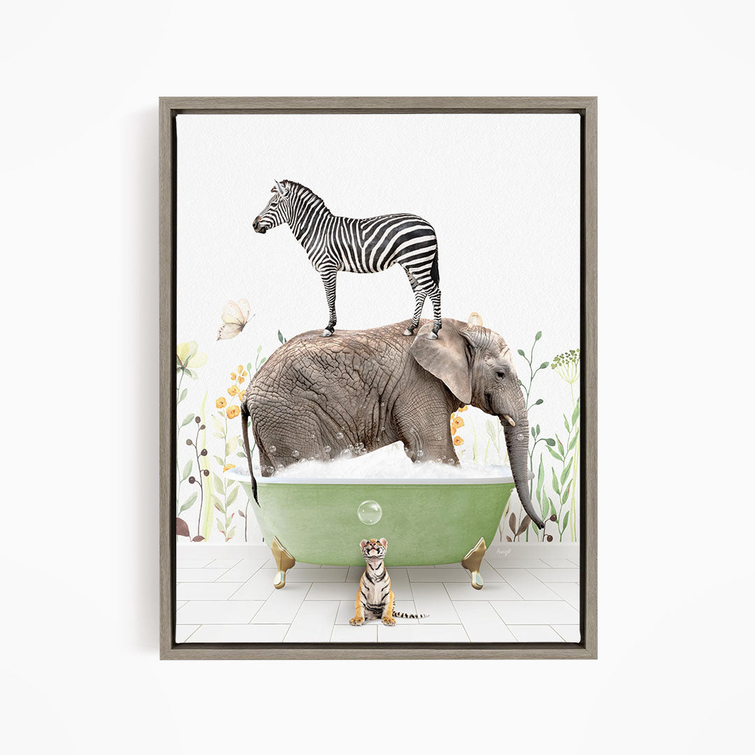 A zebra stands on the back of an elephant, which is submerged in a green bathtub, with a tiger sitting nearby.