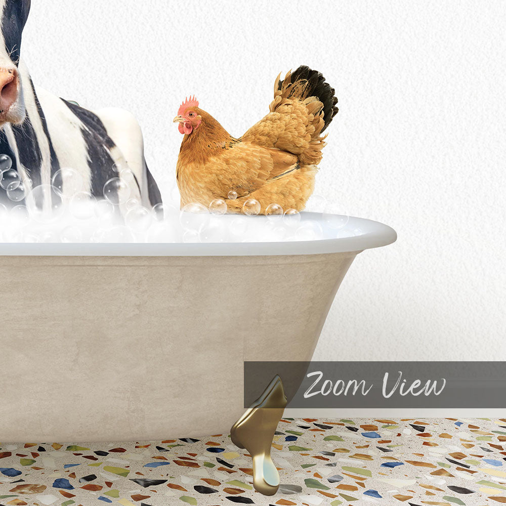 A chicken is sitting in a bathtub filled with water, surrounded by bubbles, with a mosaic floor in the background.