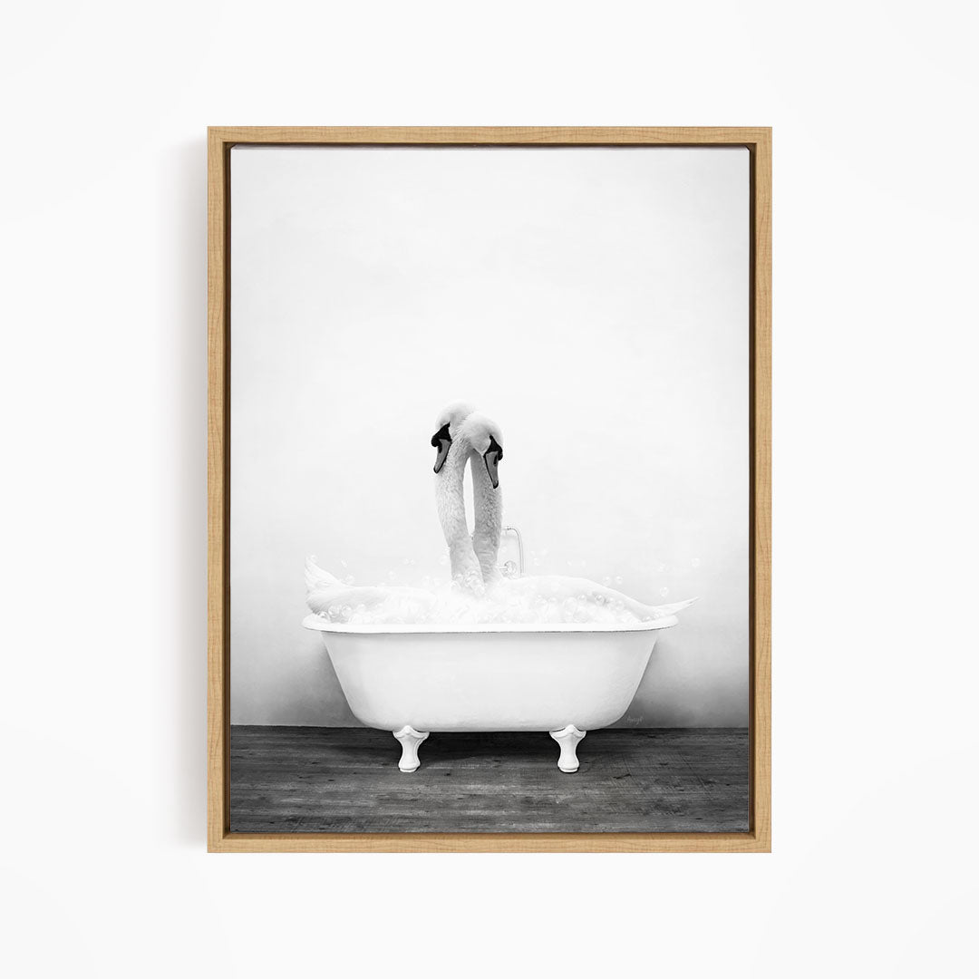 A black and white photograph of a person standing in a bathtub filled with water, with their feet submerged in the tub.