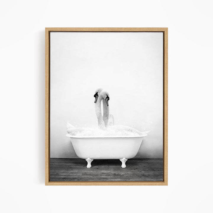 A black and white photograph of a person standing in a bathtub filled with water, with their feet submerged in the tub.