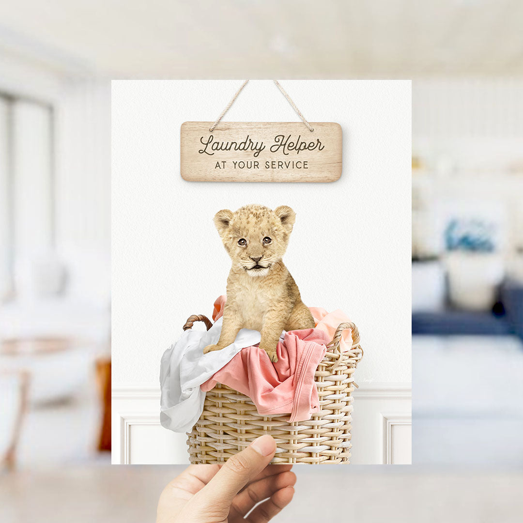 A hand holding a sign that says "Laundry Helper at your service" with a picture of a young lion cub sitting in a basket of clothes.