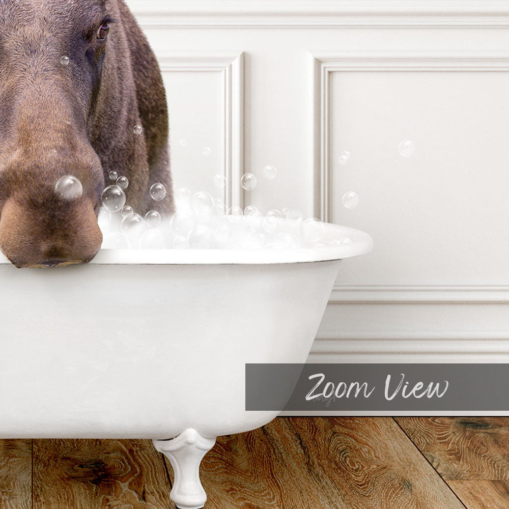 A dog is standing in a white bathtub filled with bubbles, creating a playful and whimsical scene.