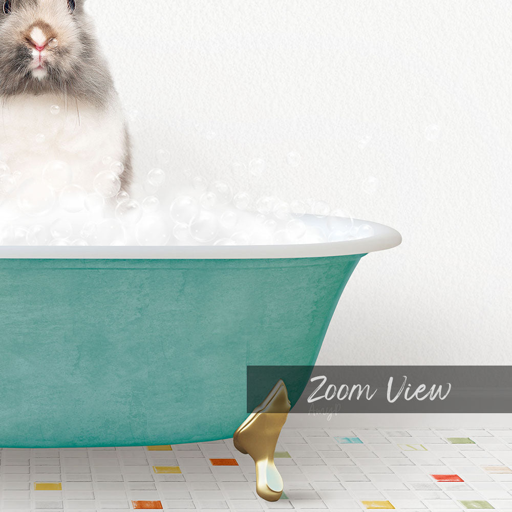A fluffy white rabbit sitting in a green bathtub filled with bubbles, with a colorful tiled floor in the foreground.