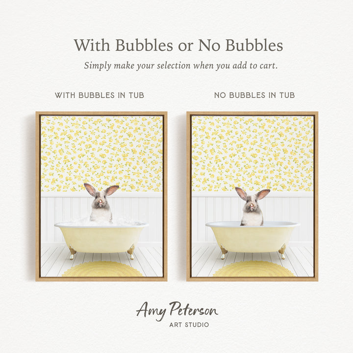 The image is a collage of two framed pictures, each depicting a rabbit sitting in a bathtub. The text above the images reads "With Bubbles or No Bubbles" and below the images, it says "Simply make your selection when you add to cart."