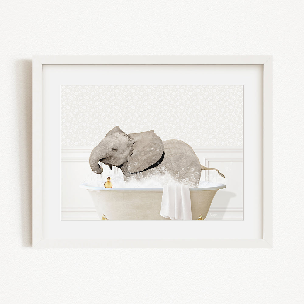 A gray elephant is sitting in a bathtub filled with water, with a person standing next to it.