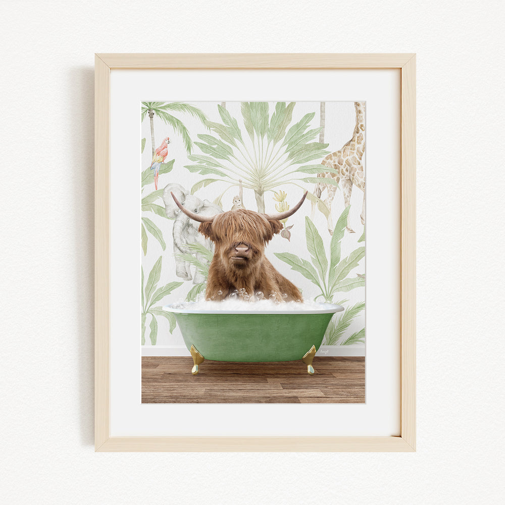 A brown cow with horns is sitting in a green bathtub, surrounded by tropical foliage and a giraffe in the background.