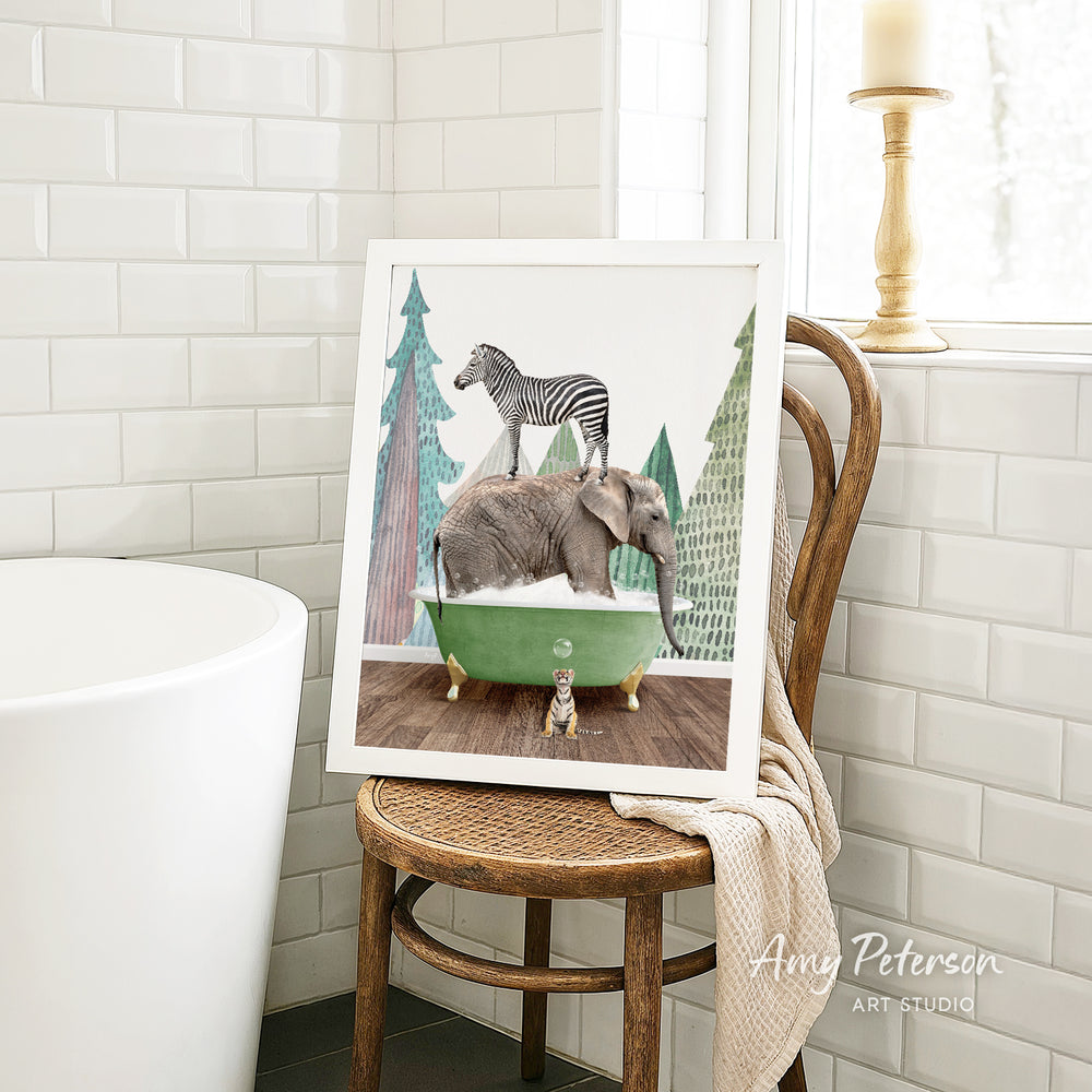 A framed image depicting a zebra standing on the back of an elephant, both in a bathtub, with a towel draped over the back of the chair.