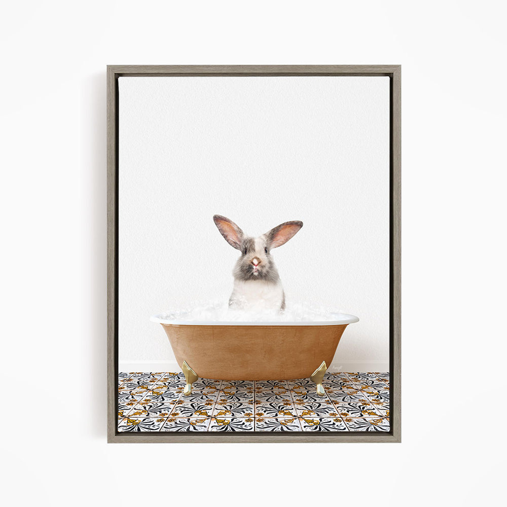 A white rabbit sitting in a brown bathtub filled with water, with a patterned tile floor beneath it.