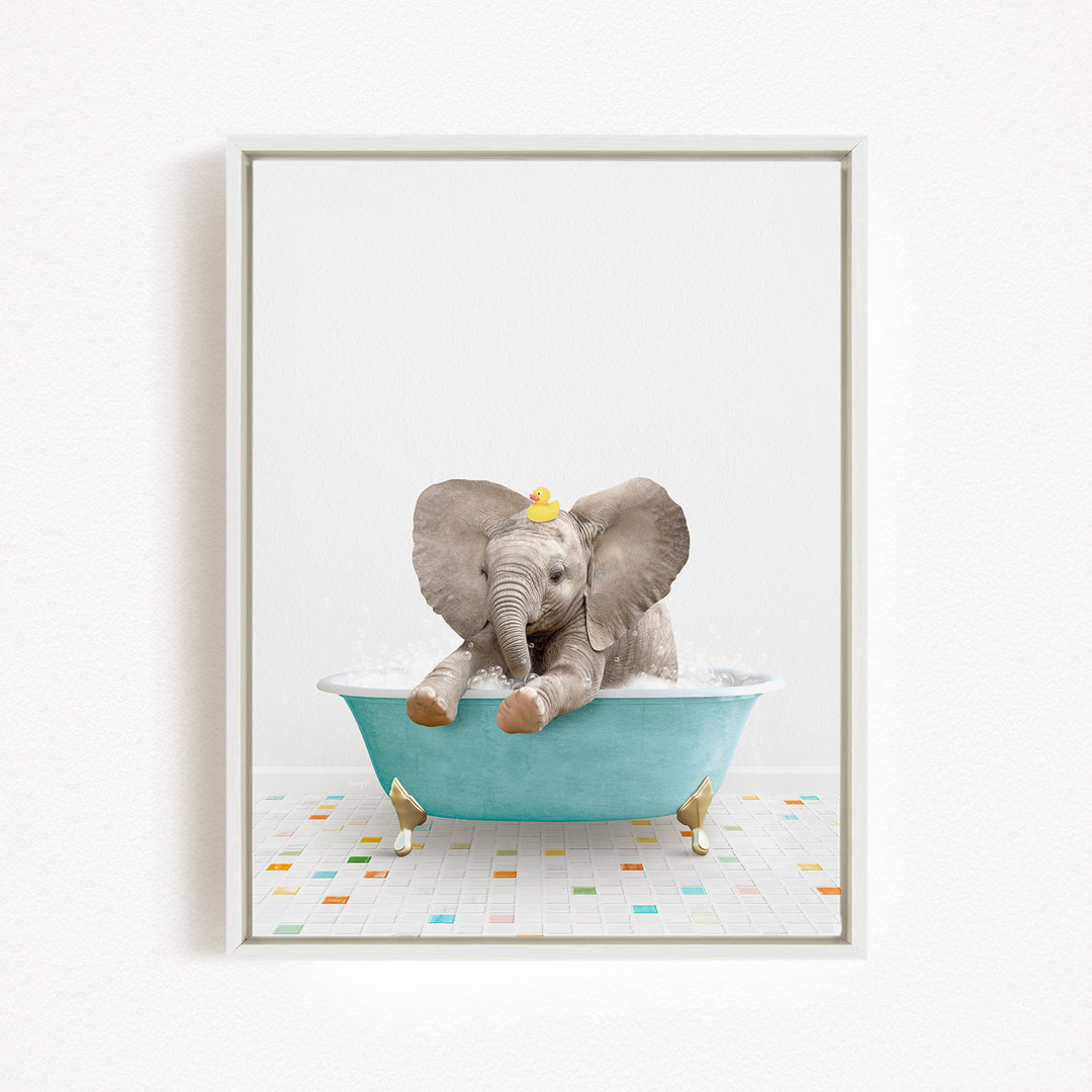 A baby elephant sitting in a blue bathtub, with a yellow rubber duck on its head.