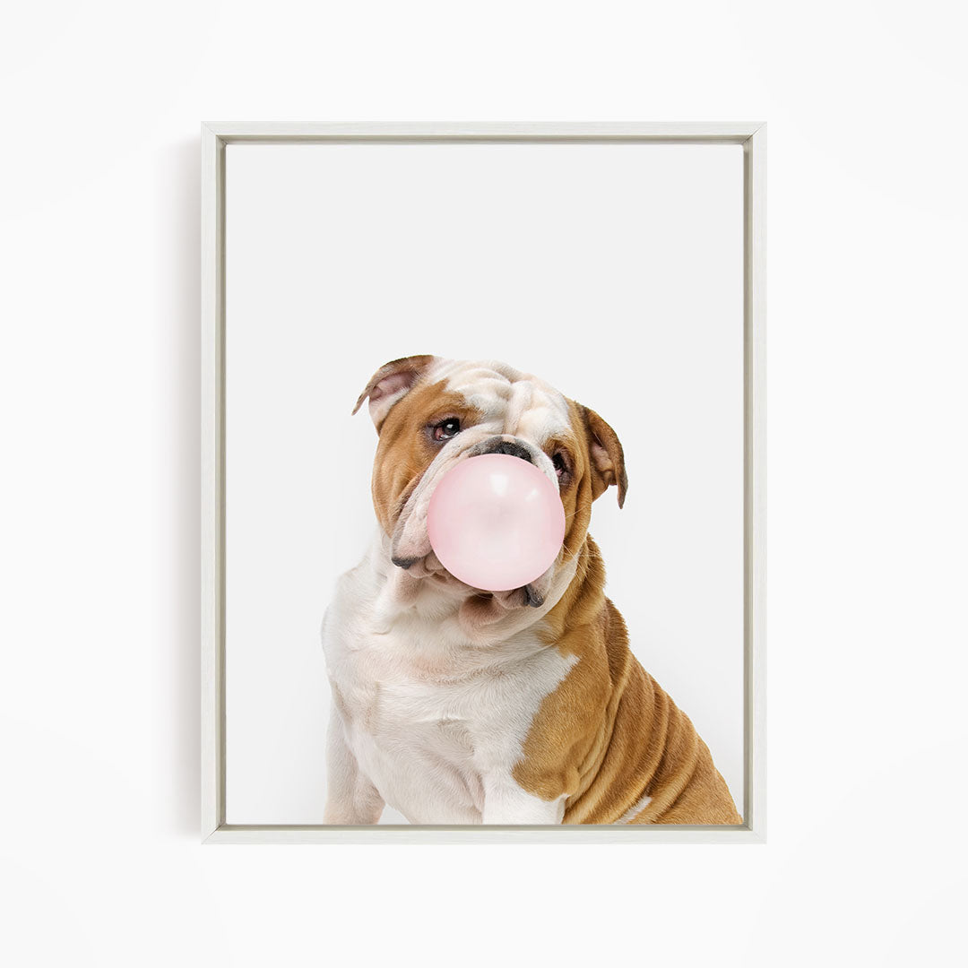A brown and white bulldog is blowing a pink bubble with its mouth, creating a playful and adorable scene.