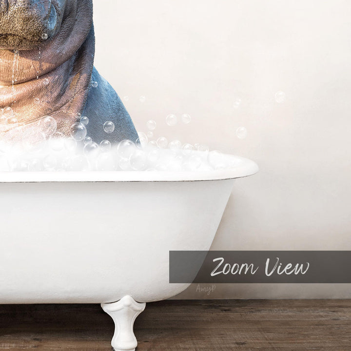 A close-up of a white bathtub filled with bubbles, with a dog's head partially submerged in the water.