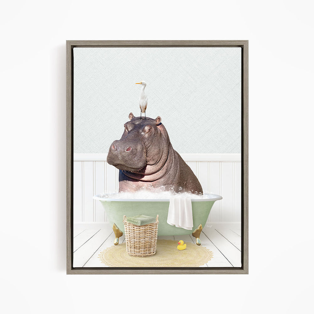 A hippopotamus sitting in a bathtub, with a bird perched on its head, and a basket of rubber ducks nearby.