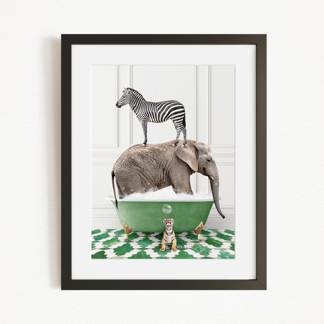 A zebra stands atop an elephant in a green bathtub, with a tiger sitting in the tub below.