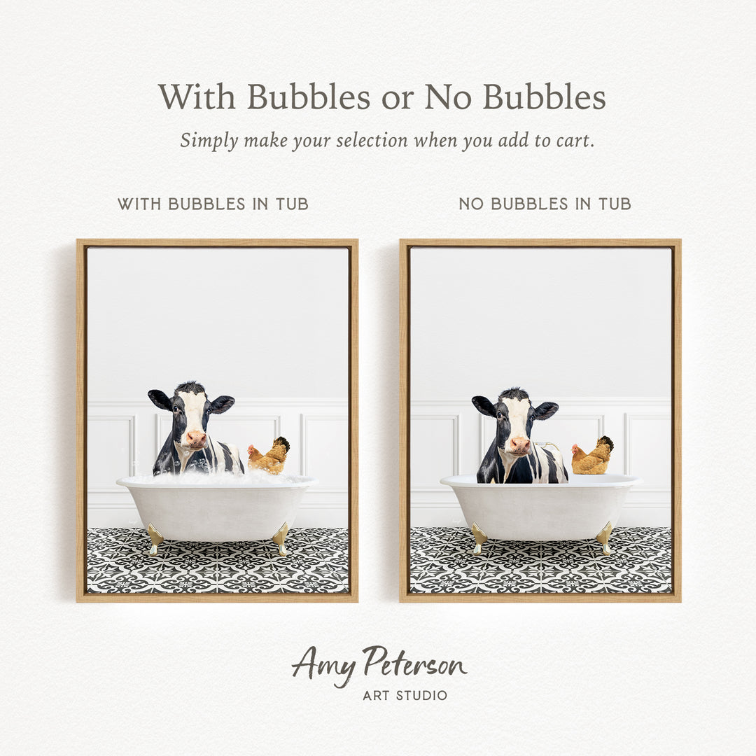 The image is a collage of two framed pictures, each depicting a cow sitting in a bathtub. The cow in the bathtub has bubbles, while the other cow does not have bubbles. The collage is titled "With Bubbles or No Bubbles" and is created by Amy Peterson from Art Studio.