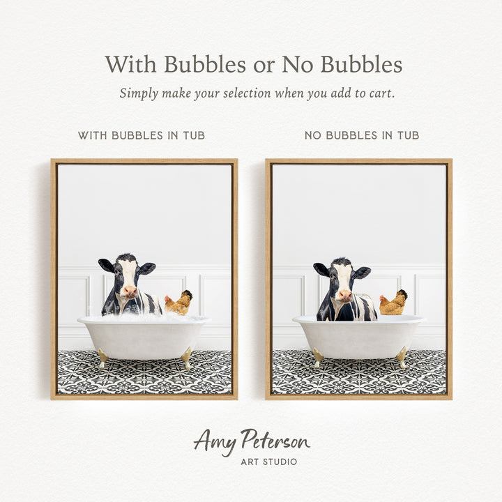 The image is a collage of two framed pictures, each depicting a cow sitting in a bathtub. The cow in the bathtub has bubbles, while the other cow does not have bubbles. The collage is titled "With Bubbles or No Bubbles" and is created by Amy Peterson from Art Studio.