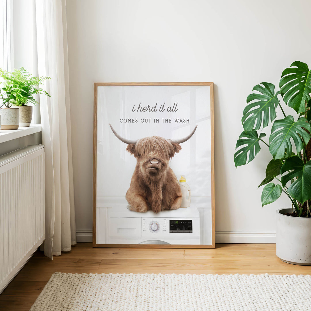 a framed poster with a cartoon image of a cow with horns, sitting on a washing machine, and the text "I herd it all comes out in the wash".