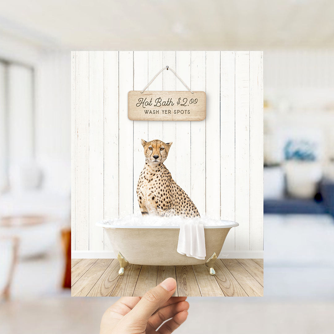 A cheetah sitting in a bathtub, with a sign above it that says "Hot Bath $2.00 WASH YOUR SPOTS".