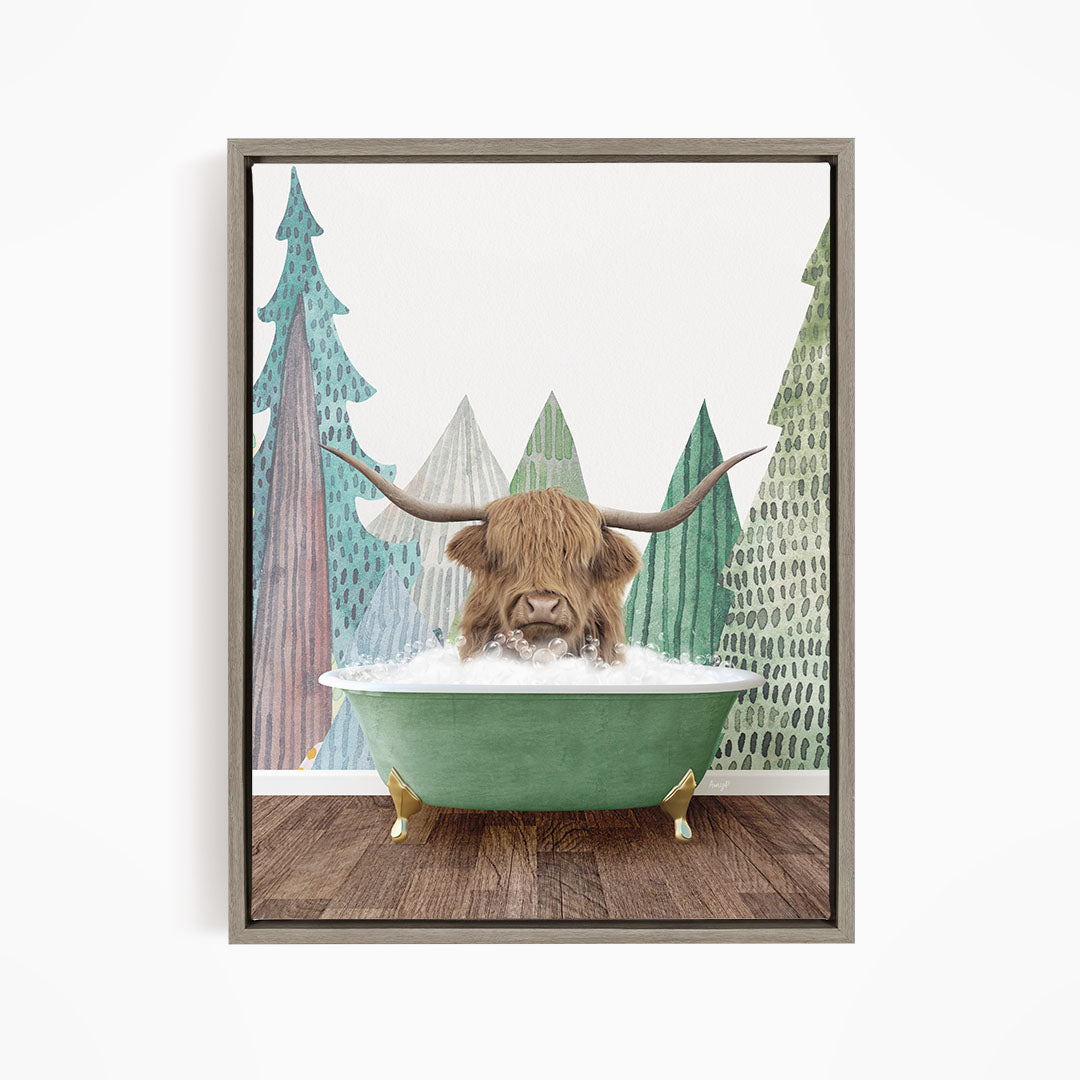 A brown cow with large horns is sitting in a green bathtub, surrounded by a forest scene with trees and a snowy landscape.