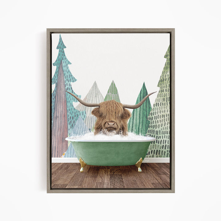 A brown cow with large horns is sitting in a green bathtub, surrounded by a forest scene with trees and a snowy landscape.