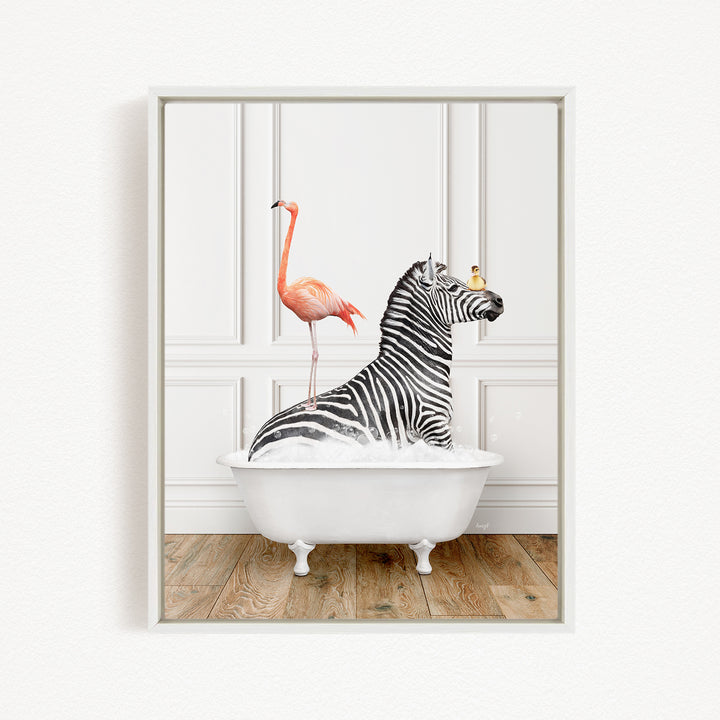 A zebra is sitting in a white bathtub, with a pink flamingo standing on its back and a bird perched on its head.