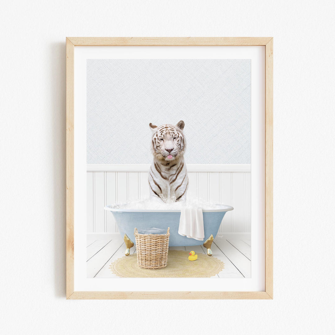 A white tiger is sitting in a blue bathtub filled with bubbles, surrounded by rubber ducks and a basket.