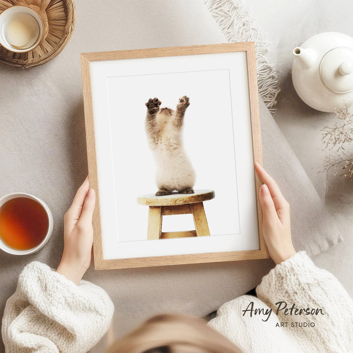 A person is holding a framed picture of a cat sitting on a stool, with its paws raised in the air.