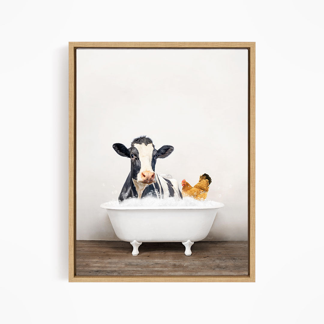 A black and white cow is sitting in a white bathtub, with a yellow chicken nearby, creating a whimsical and playful scene.