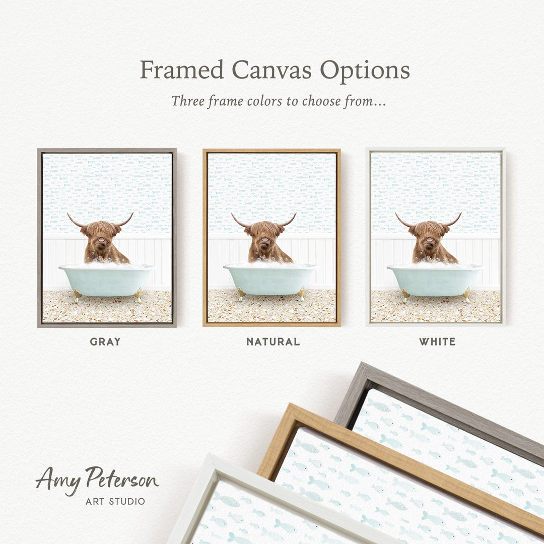 The image is a framed canvas option featuring three different colored frames, each containing a photograph of a brown cow sitting in a bathtub.