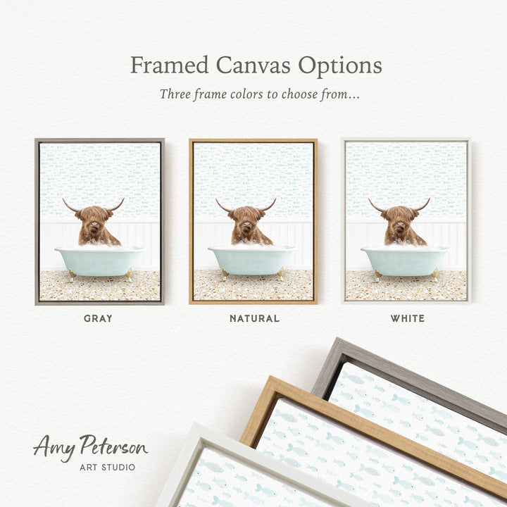 The image is a framed canvas option featuring three different colored frames, each containing a photograph of a brown cow sitting in a bathtub.