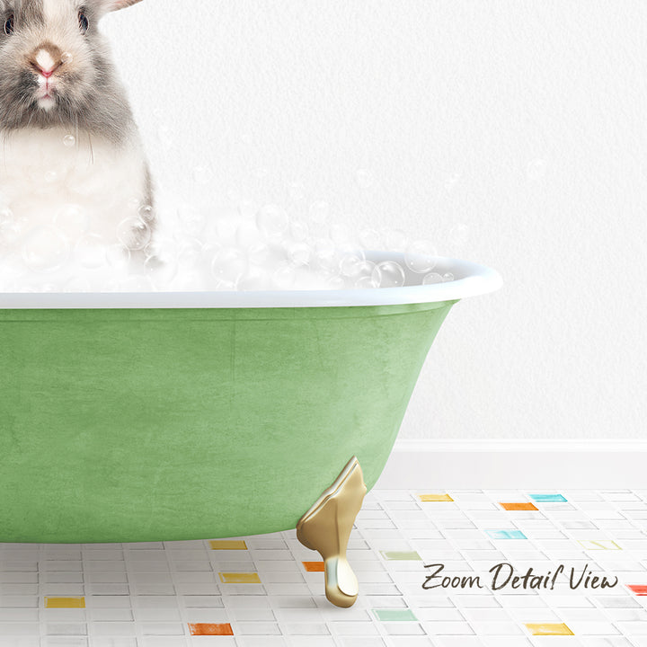 A cute rabbit sitting in a green bathtub filled with bubbles, with a colorful tiled floor in the foreground.