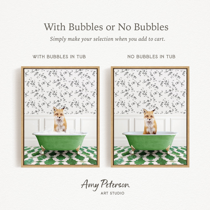 The image is a collage of two pictures featuring a cat sitting in a green bathtub, with one picture having bubbles and the other not. The text above the images reads "With Bubbles or No Bubbles Simply make your selection when you add to cart."