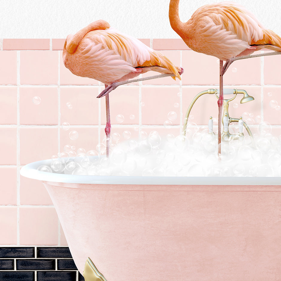 two flamingos standing in a bathtub with bubbles