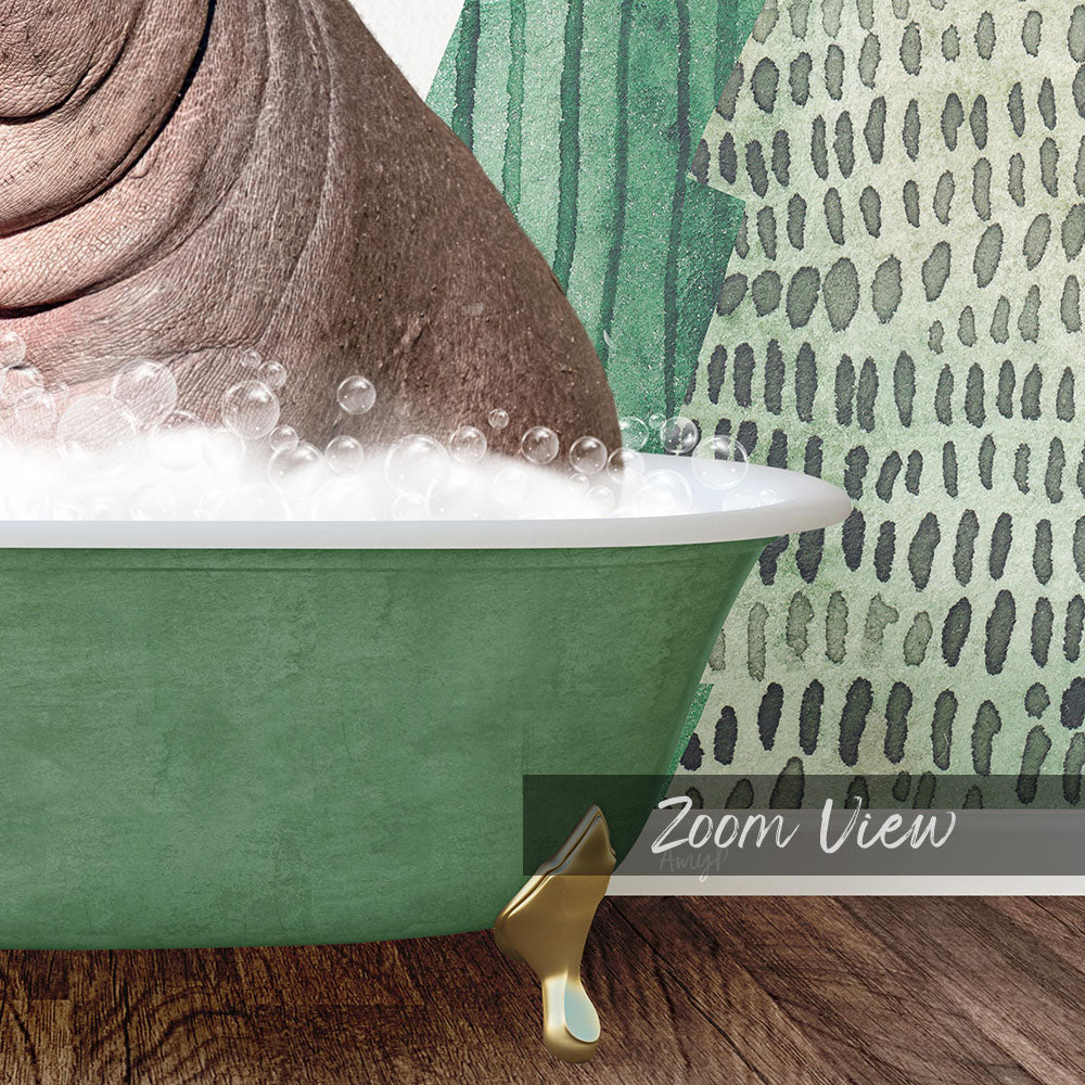 A green bathtub filled with bubbles, with a gold bathtub leg visible, and a patterned wall in the background.
