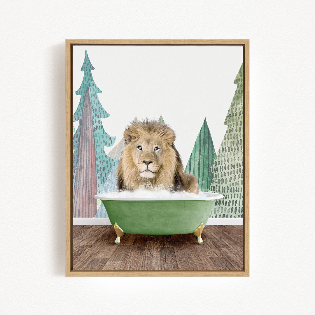 A lion is sitting in a green bathtub, surrounded by trees and a forest-like background.