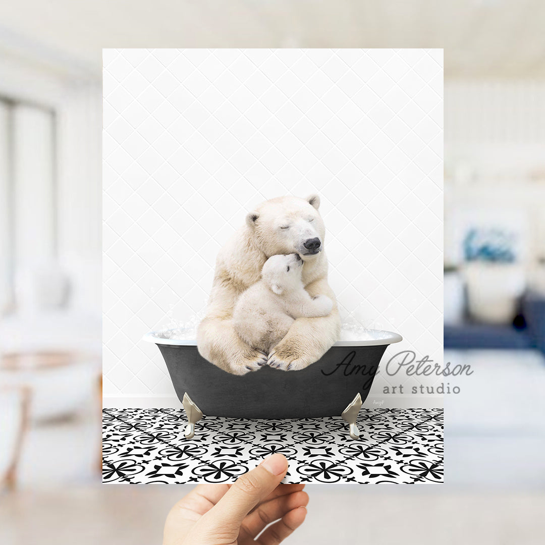 a person holding a polar bear in a bathtub