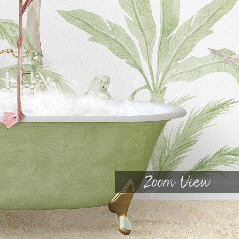 A green clawfoot bathtub filled with bubbles, with a bird perched on the edge of the tub. The bathtub is set against a backdrop of a tropical plant mural.