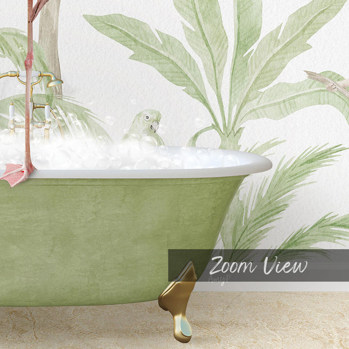 A green clawfoot bathtub filled with bubbles, with a bird perched on the edge of the tub. The bathtub is set against a backdrop of a tropical plant mural.