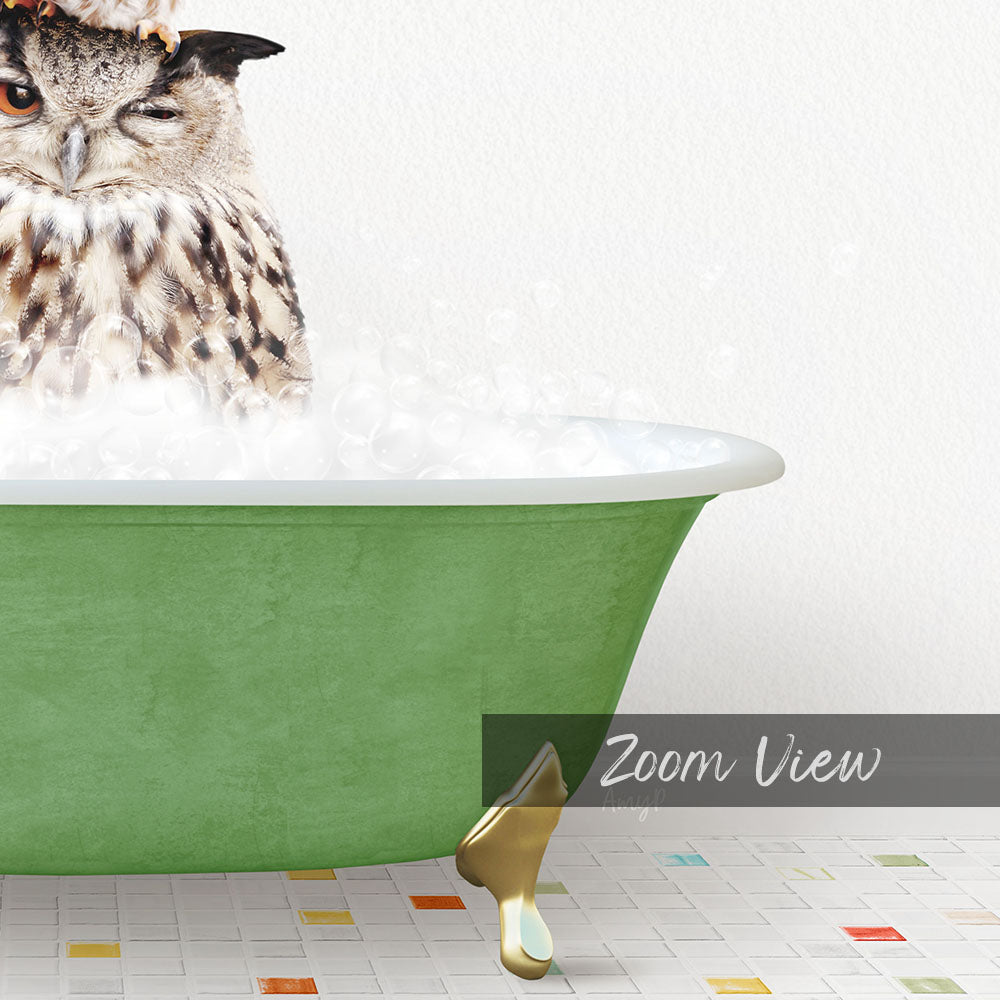 A large owl sitting in a green bathtub filled with bubbles, with a text overlay that reads "Zoom View".