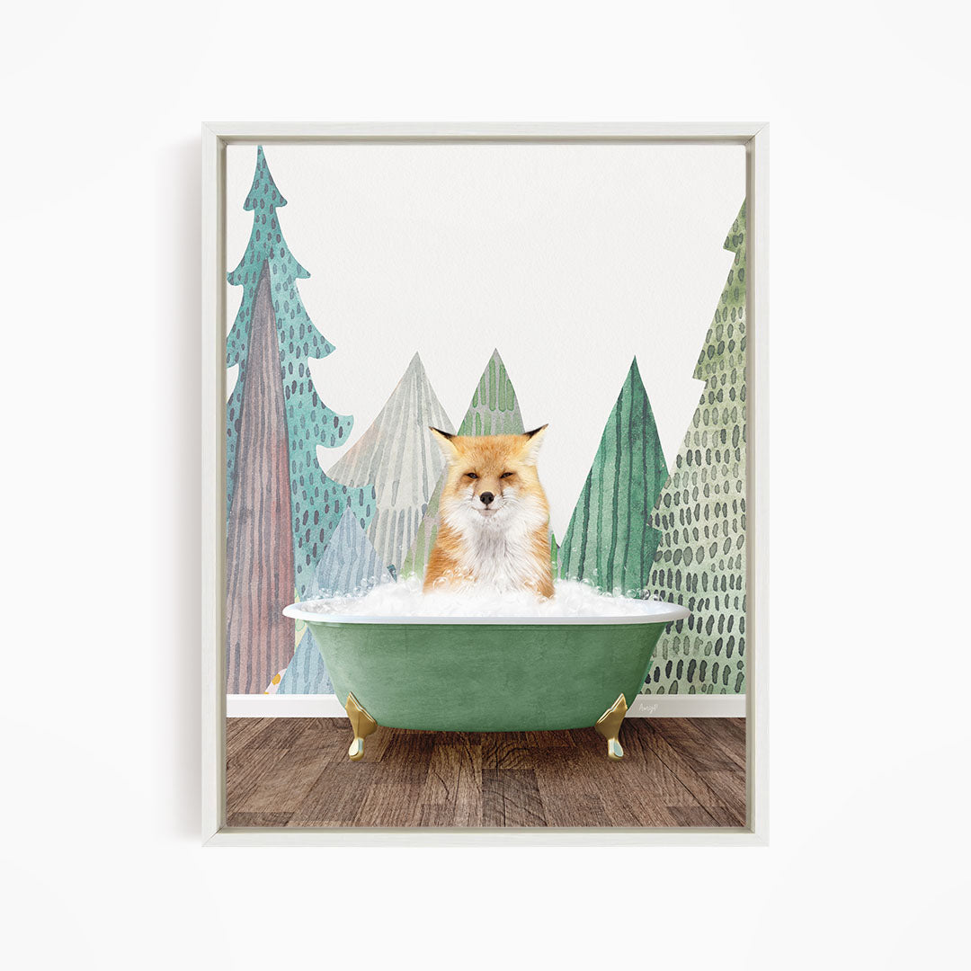 A fox is sitting in a green bathtub, surrounded by stylized trees in various shades of green and brown.