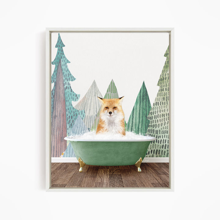 A fox is sitting in a green bathtub, surrounded by stylized trees in various shades of green and brown.
