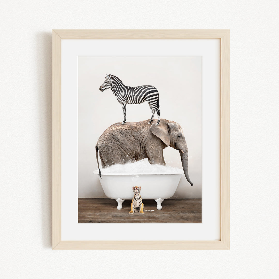 A zebra stands on top of an elephant in a bathtub, with a tiger sitting on the edge of the tub.