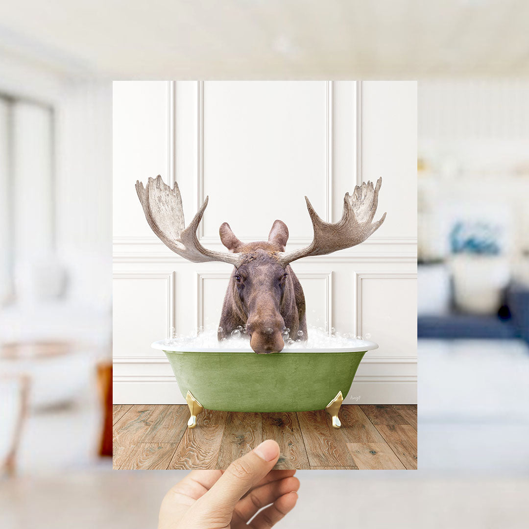 A moose with large antlers is sitting in a green bathtub filled with water, as a person's hand holds up the image.