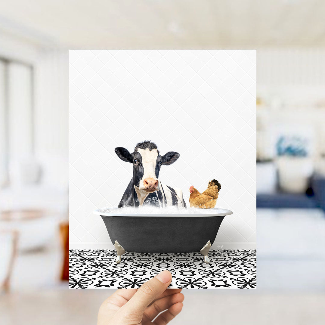 A cow and a chicken are sitting in a bathtub filled with water, creating a whimsical and humorous scene.