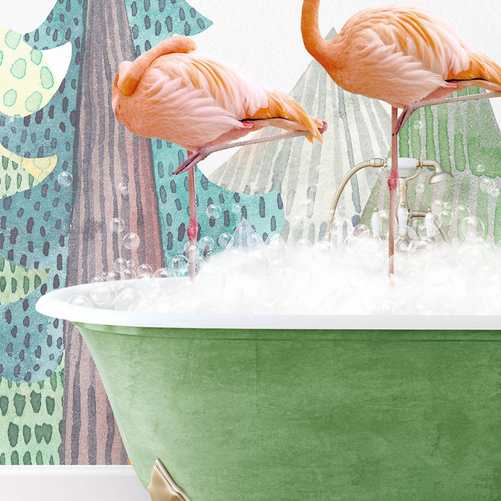 two flamingos are standing in a bathtub full of foam