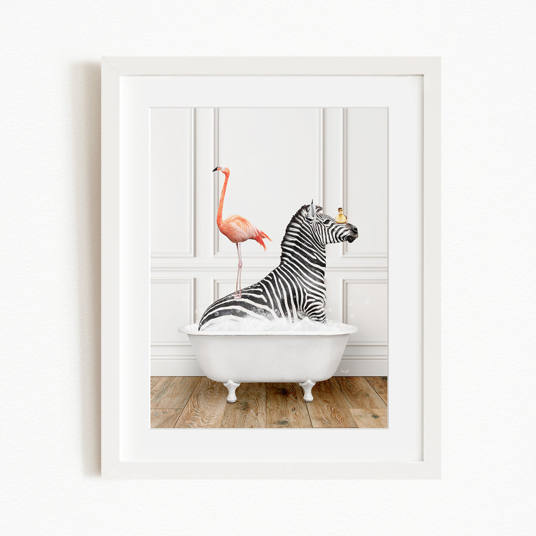 A zebra is sitting in a white bathtub, with a pink flamingo standing on its back.