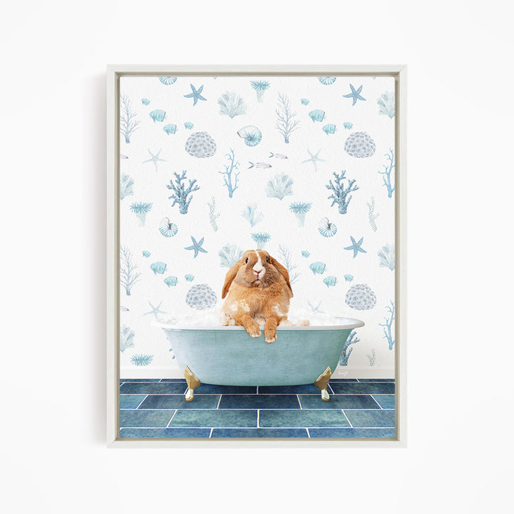 A brown rabbit sitting in a blue bathtub filled with bubbles, surrounded by a pattern of seashells, starfish, and other marine life.