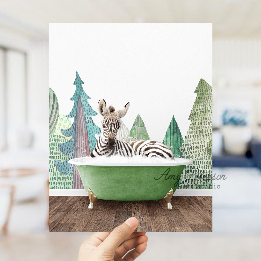 a person holding up a picture of a zebra in a bathtub