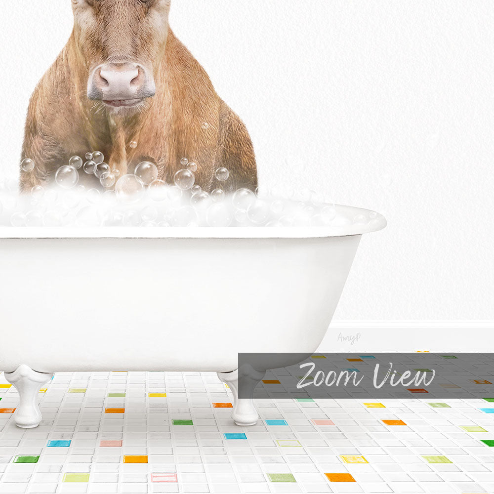 A cow is sitting in a bathtub filled with bubbles, creating a whimsical and playful scene.