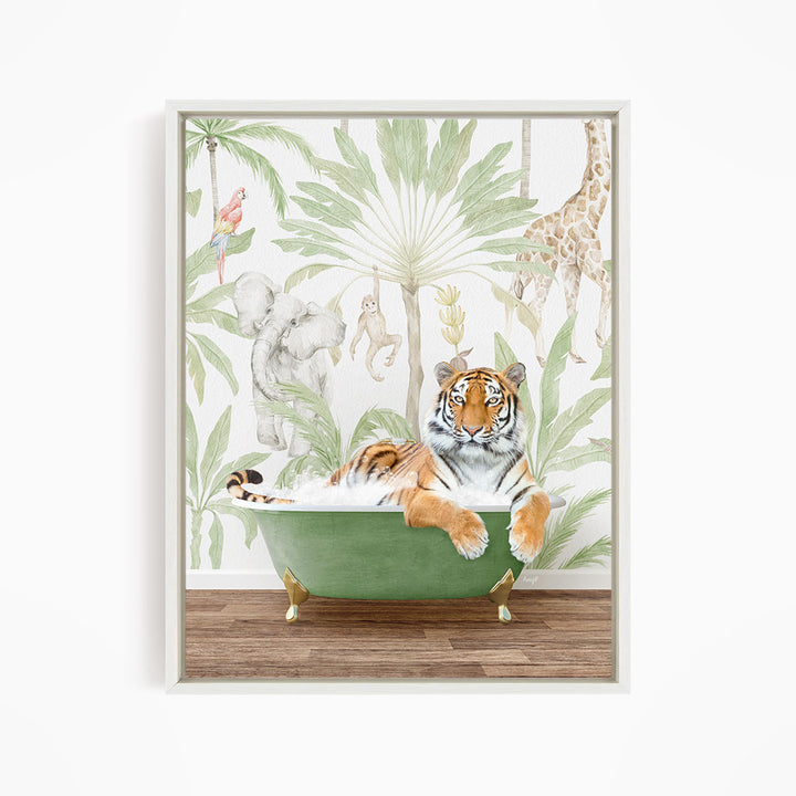 A tiger is sitting in a green bathtub, surrounded by various animals such as a giraffe, elephant, and parrot, all set against a tropical jungle backdrop.