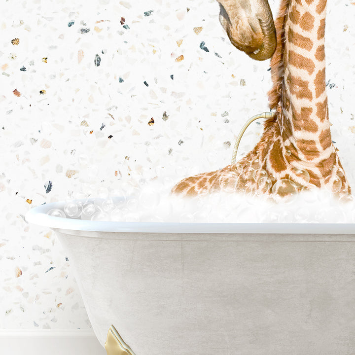 a baby giraffe in a bathtub with bubbles